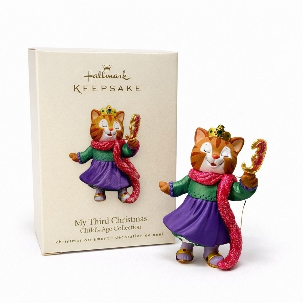 HALLMARK KEEPSAKE MY THIRD CHRISTMAS CHILD'S AGE COLLECTION CAT ORNAMENT BOX MIB